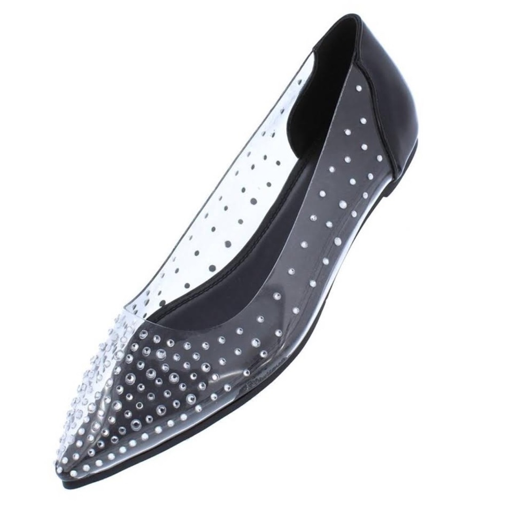 Black Rhinestone Stud Pointed Toe Lucite Flat